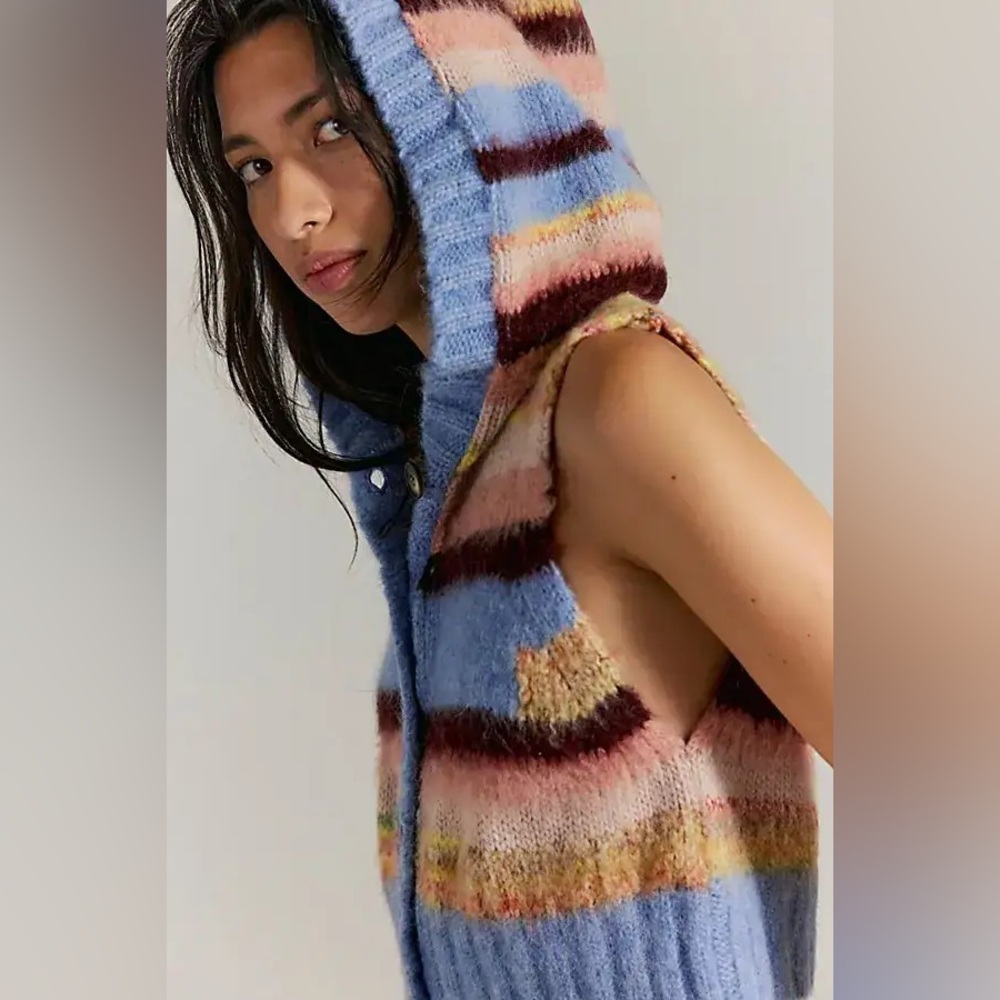 Free People Striped Hooded Knit Vest in Light Blue, Pink, Maroon, Gold